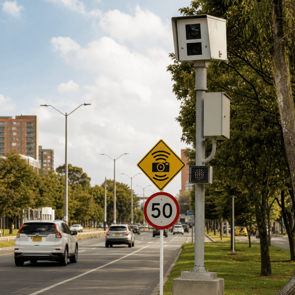 Cámara de fotodetección con señalización de zona de control de velocidad sobre una avenida en Colombia