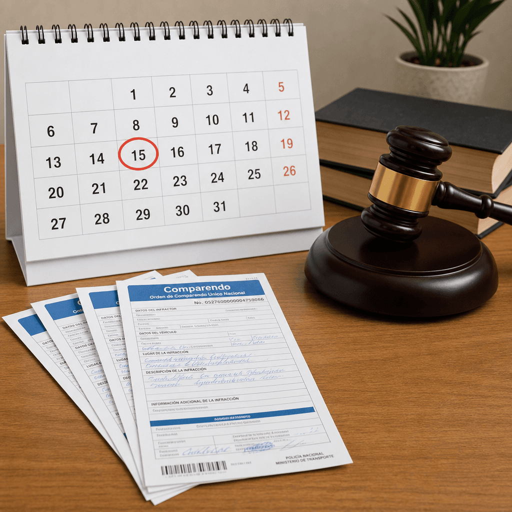 Calendario con fecha marcada junto a multas de transito colombianas y un mazo de juez sobre un escritorio de madera, representando los plazos de prescripcion