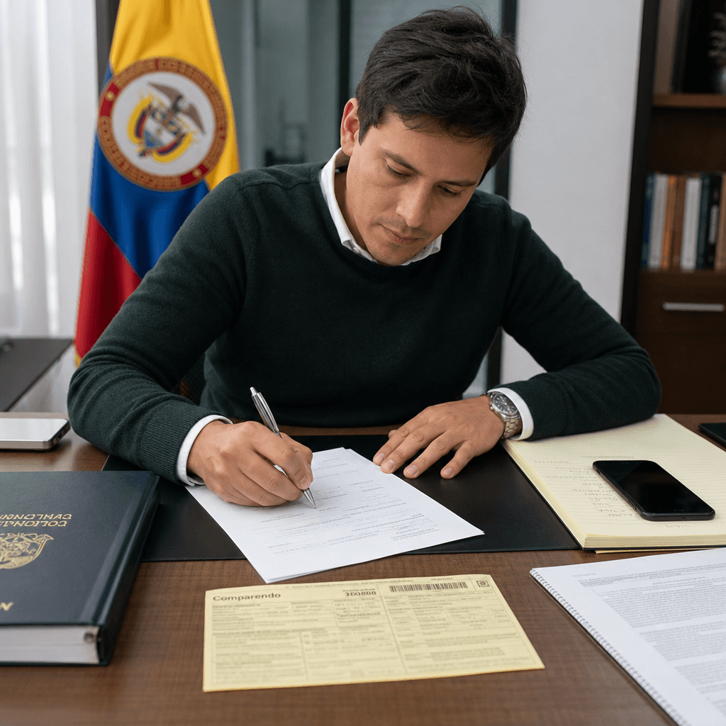 Persona redactando documento de impugnación de comparendo de tránsito colombiano en escritorio profesional con papeles legales