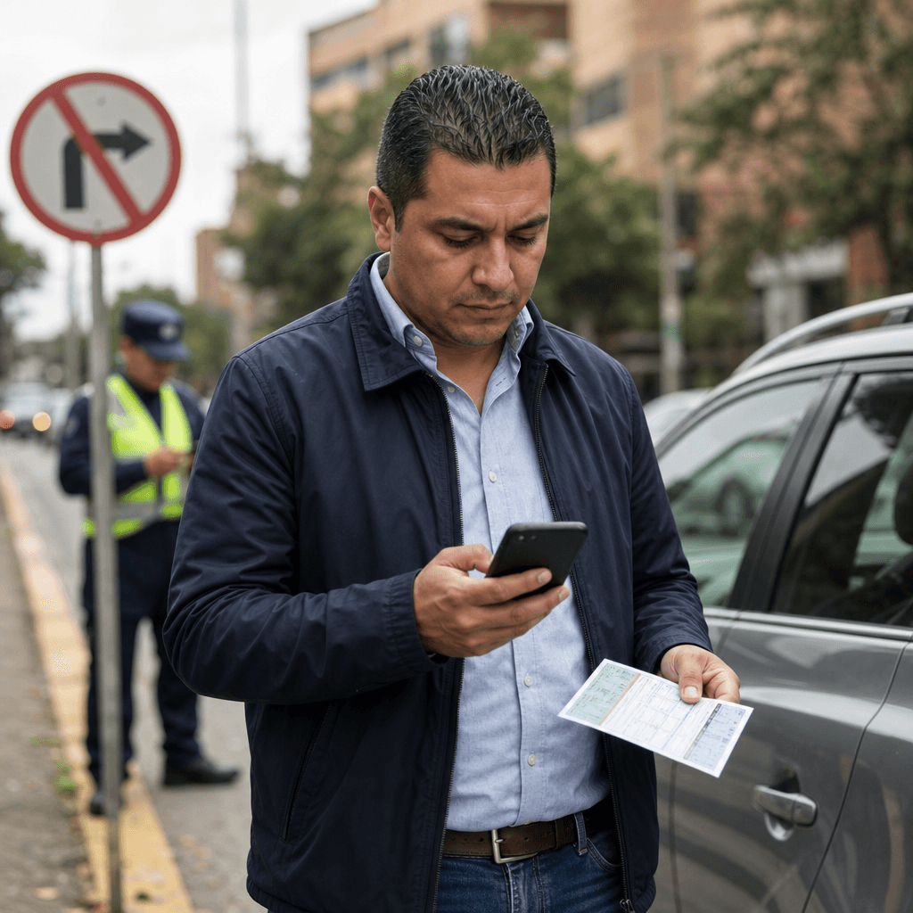 Conductor colombiano revisando documentos de su vehículo en un teléfono junto a un carro en una calle de la ciudad