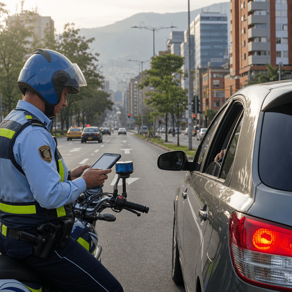 Oficial de tránsito en motocicleta realizando un procedimiento de comparendo en una avenida colombiana, con un vehículo particular detenido a un costado de la vía
