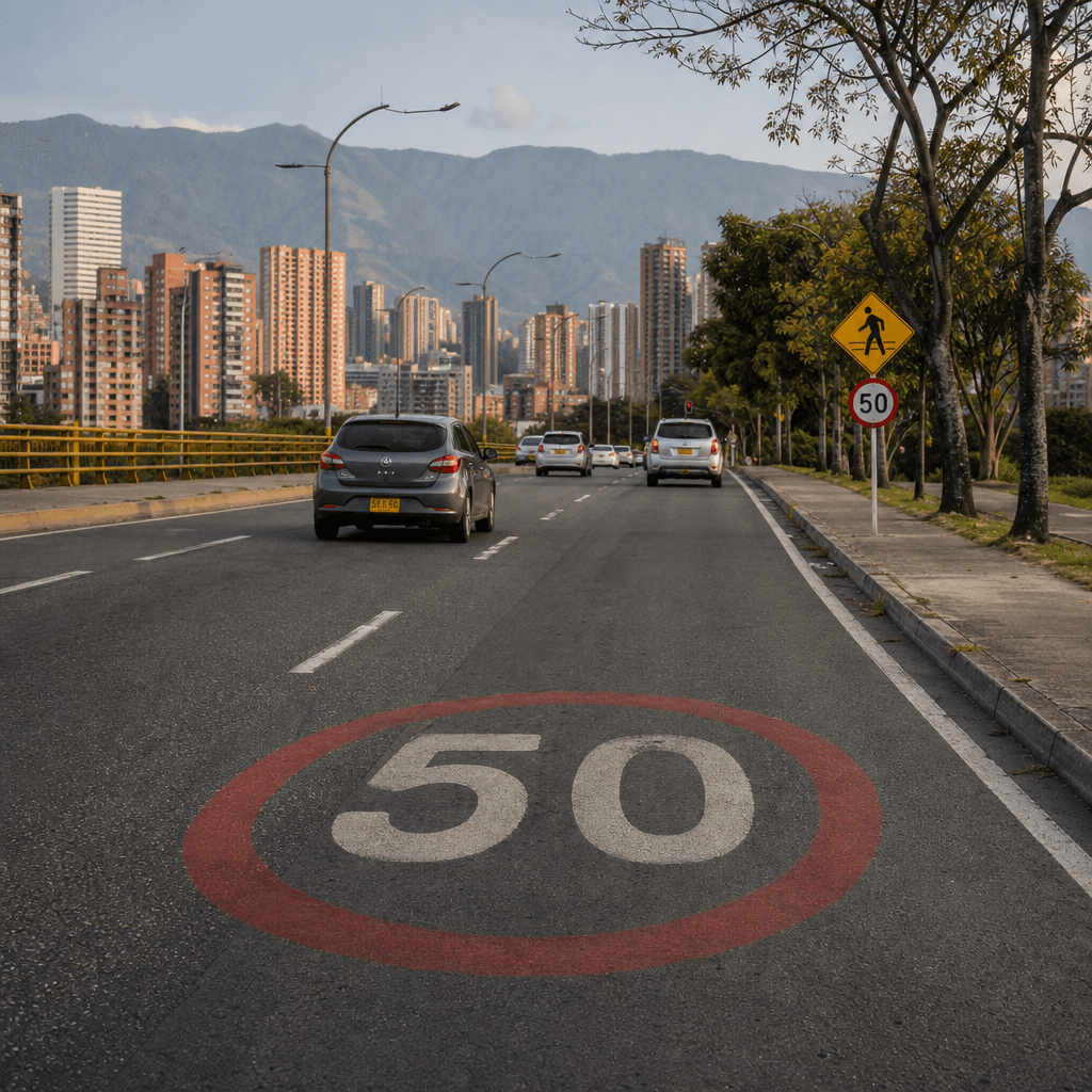 Señal de 50 km/h pintada en vía urbana colombiana con tráfico en segundo plano