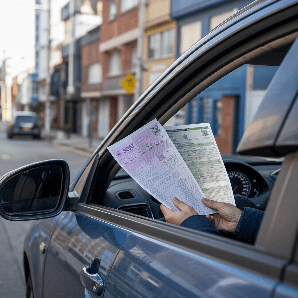 Documentos de vehículo SOAT y revisión técnico-mecánica sobre el capó de un carro