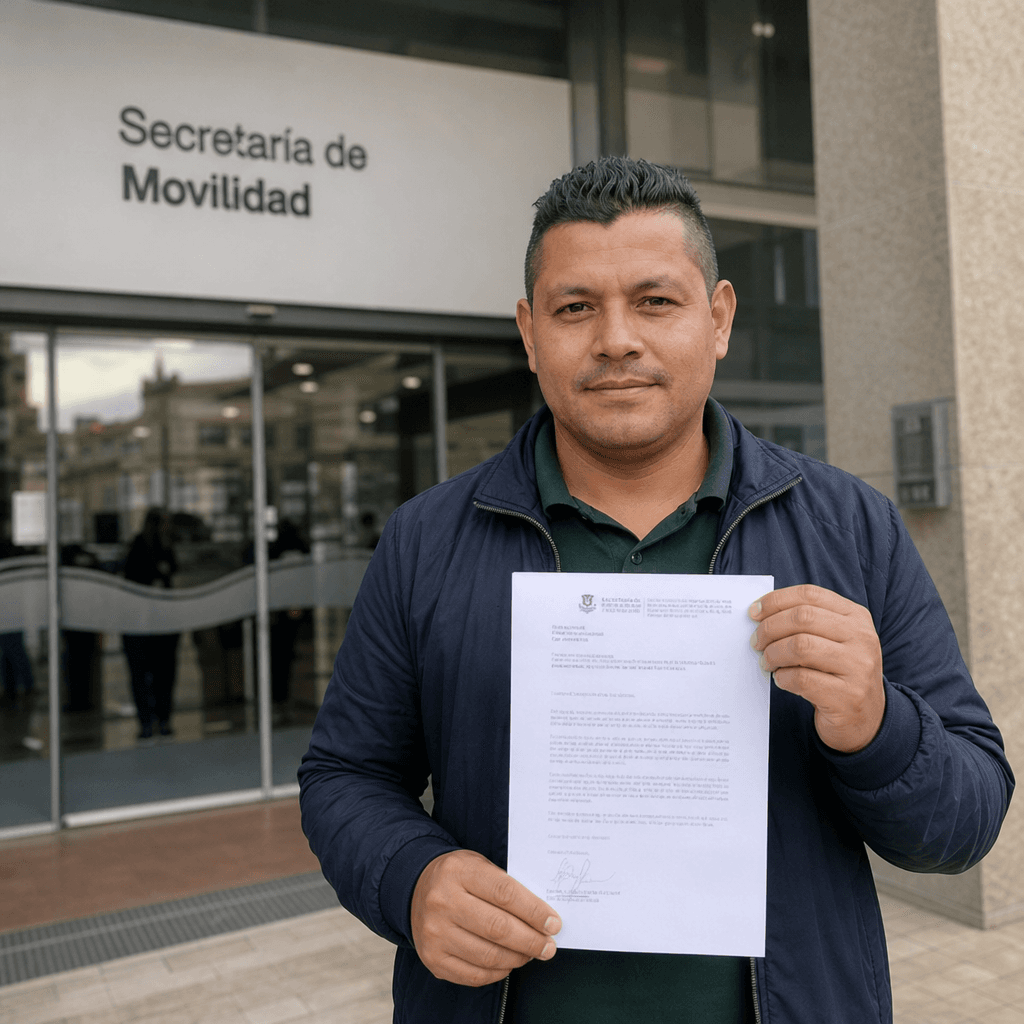 Conductor colombiano sosteniendo un documento formal frente a una Secretaría de Movilidad en Colombia