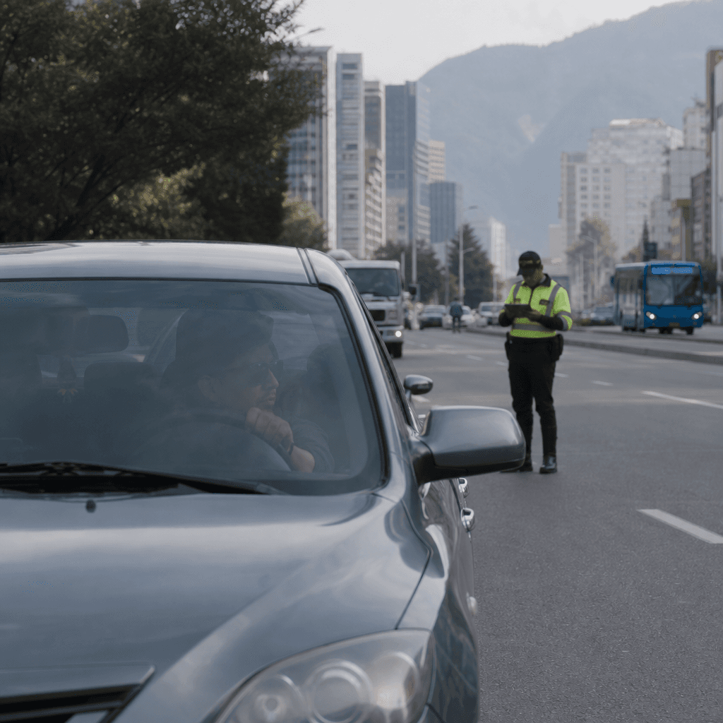 Oficial de tránsito colombiano en una calle de Bogotá realizando un procedimiento de comparendo
