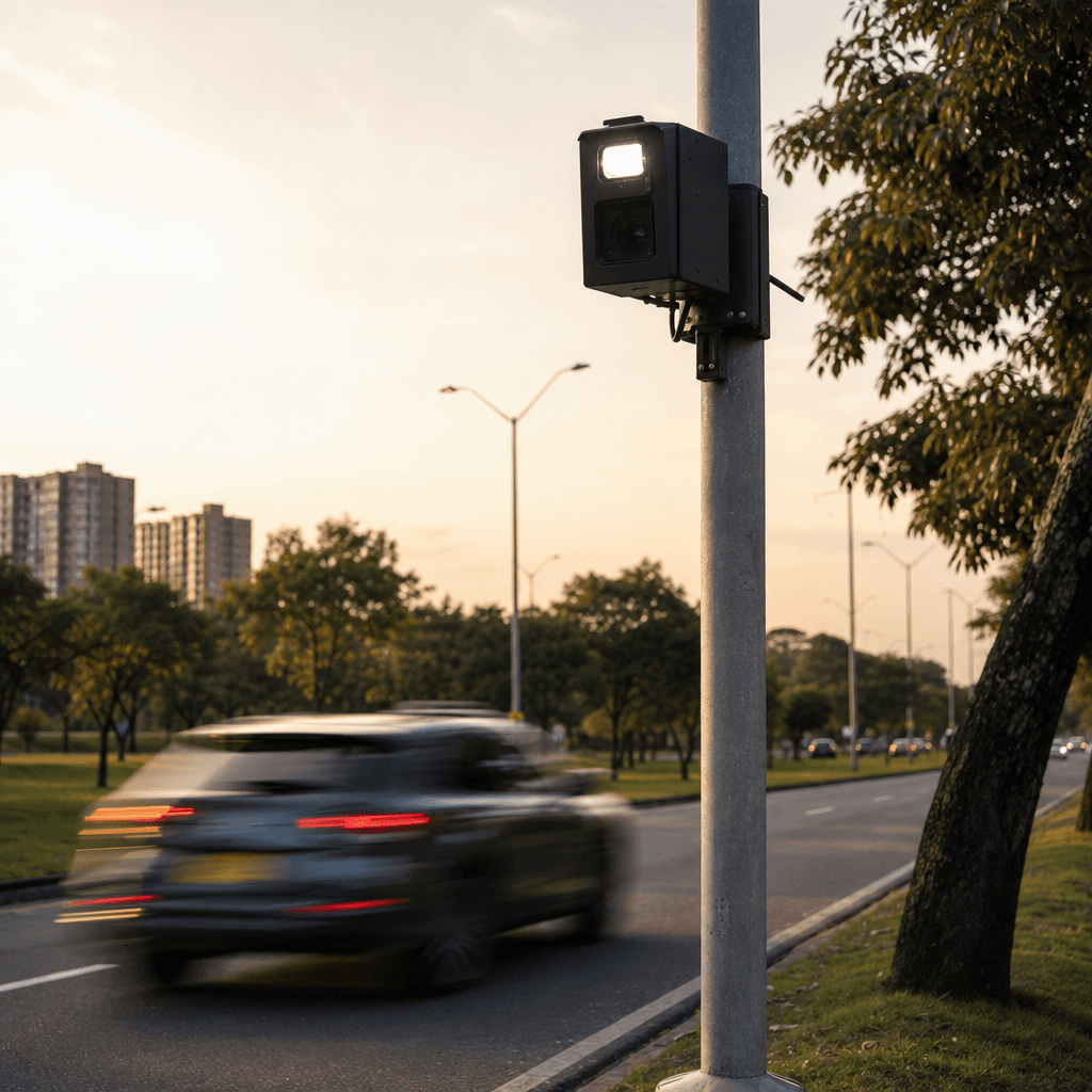 Cámara de fotodetección de tránsito montada sobre un poste metálico en una avenida colombiana