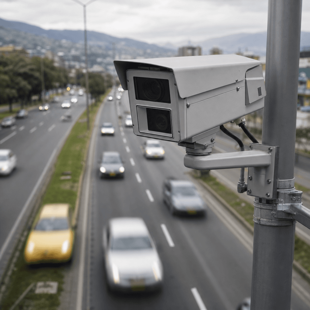 Cámara de fotodetección de tránsito en una calle colombiana