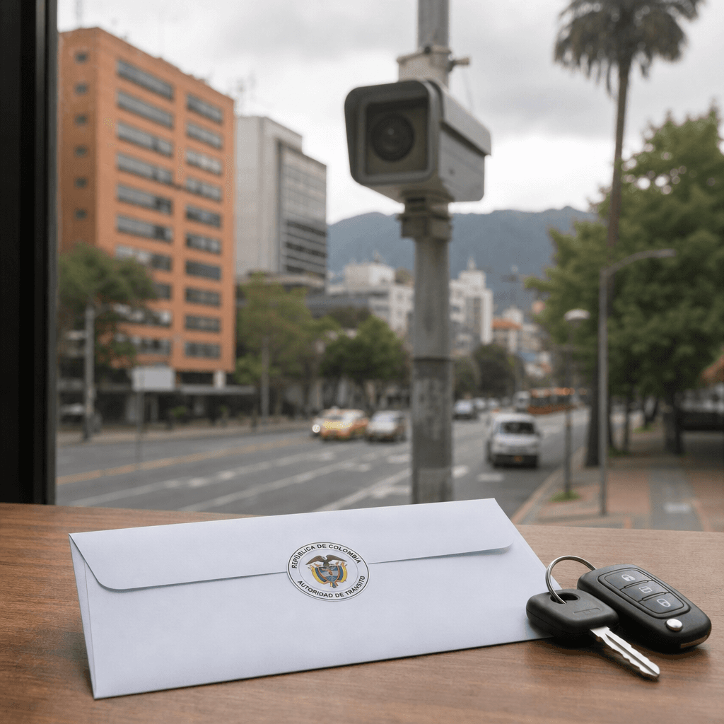 Sobre de notificación oficial de tránsito sobre un escritorio de madera junto a llaves de automóvil, con cámara de fotodetección desenfocada al fondo