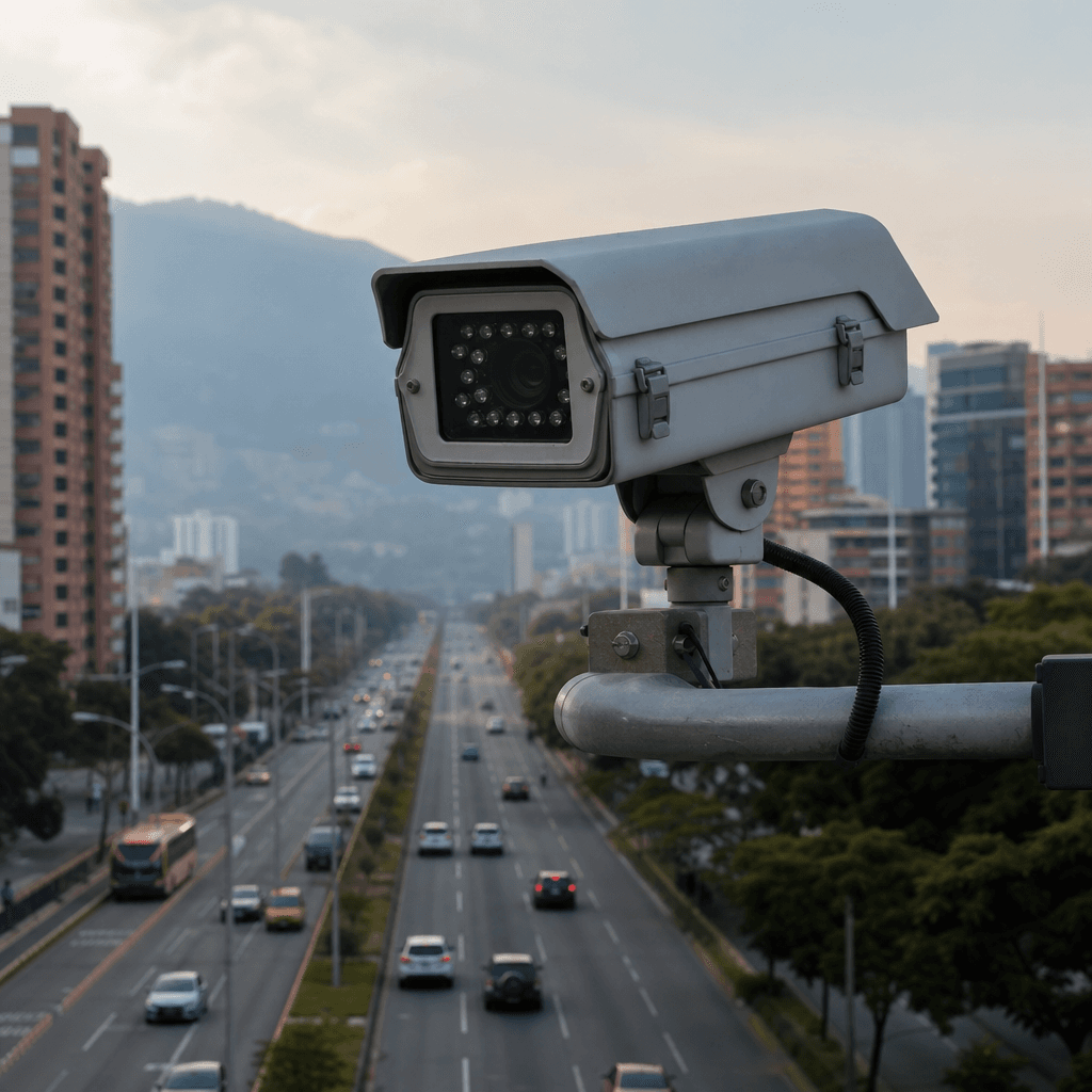 Cámara de fotodetección de tránsito instalada sobre una avenida en Colombia