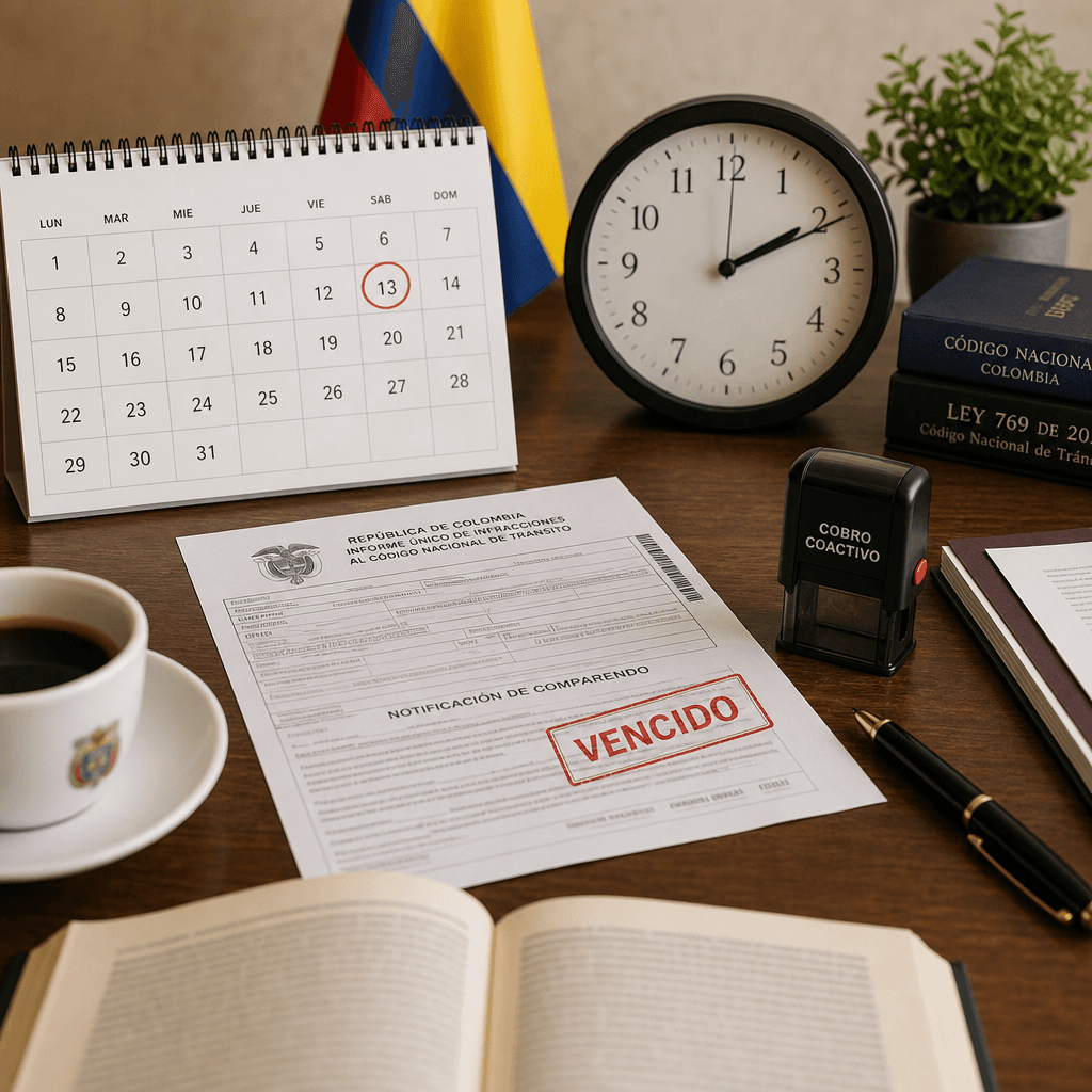 Calendario marcado y documento de comparendo con sello de vencimiento sobre escritorio — concepto de prescripción de multas de tránsito en Colombia