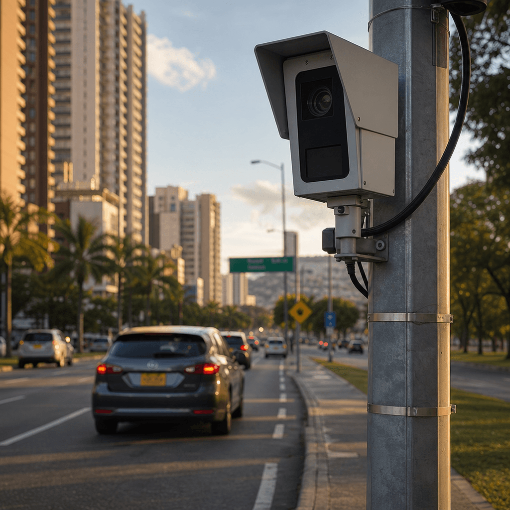 Cámara de fotodetección de tránsito montada en poste sobre avenida colombiana con vehículos circulando — concepto de fotomultas